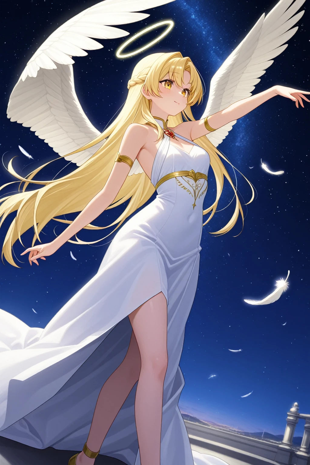 Safe for work, masterpiece, best quality, solo, 1 girl, (young female body:1.4), (medium small breasts), golden yellow hair, extra long hair, blunt bangs, crystal blue eyes, very detailed eyes, smiling, cute girl, cowboy shot, detailed eyes, angel, angel wings, white dress, gold details, halo, strap dress