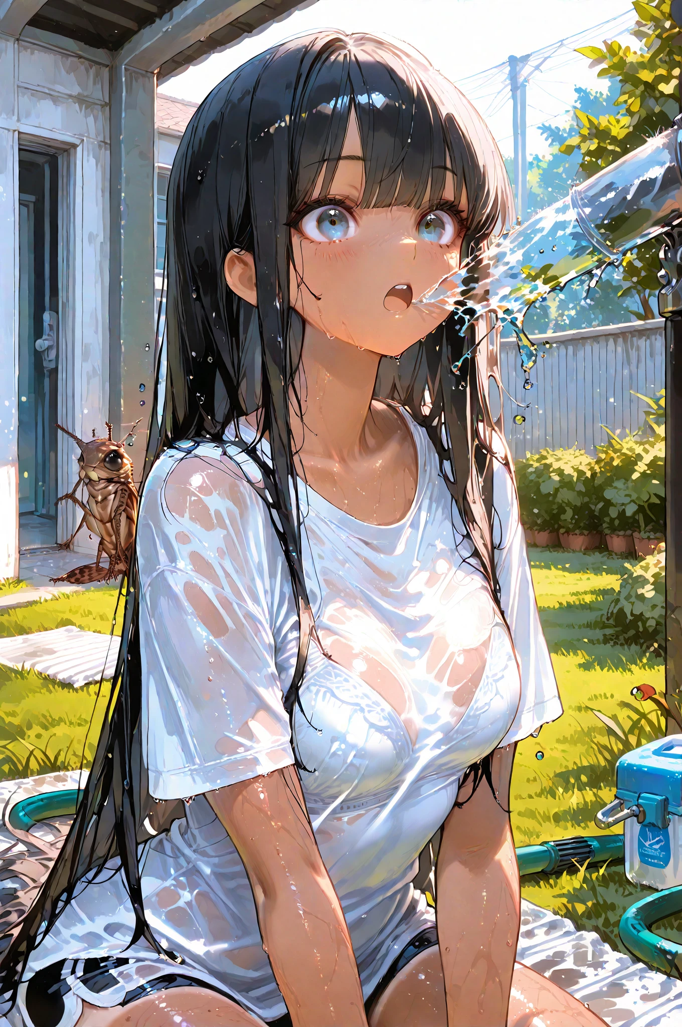 (masterpiece, best quality:1.2),Girls,Black Hair(((The eyes are delicate)))The whole body is milk,((Wet clothes)),Pink underwear,Room,The floor is covered with milk,rain(8K)(HD)