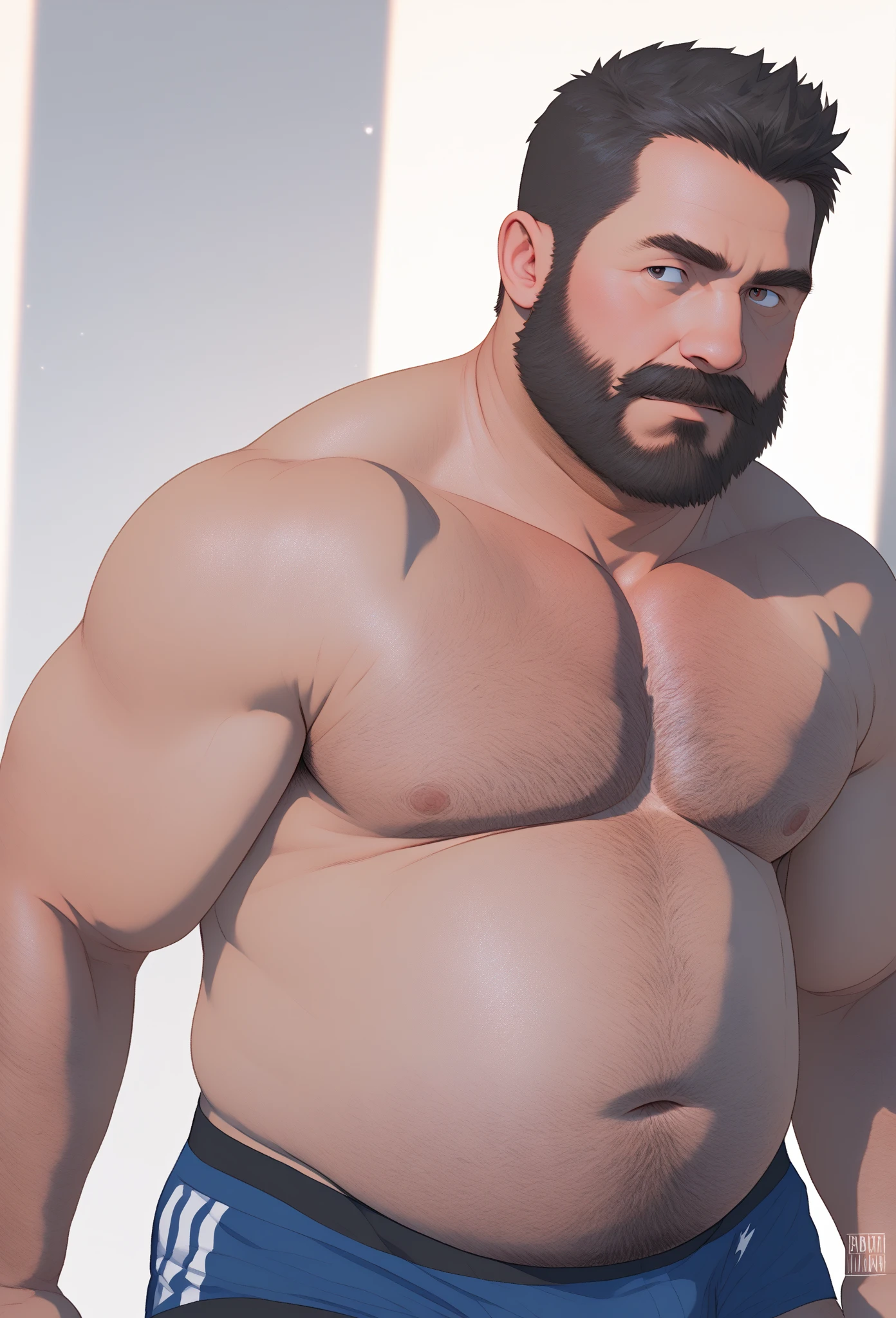 Dad was wearing stockings,Cat-like pose,Show off your body generously,Bedrooms,Strong body,bellyfat,detailed back ground,40-year-old middle-aged man,male people,he is about 40 years old,Thick eyebrows, Big eyes,opens his eyes wide,With a smile,Gentle expression,musculature,
