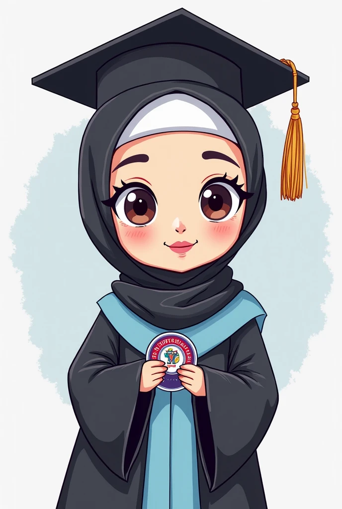 Fan art, A ,wearing hijab, wearing black graduation hat, in pink graduation gown, pink theme background, kawai theme background, leaf effect background, cute design, bright results 