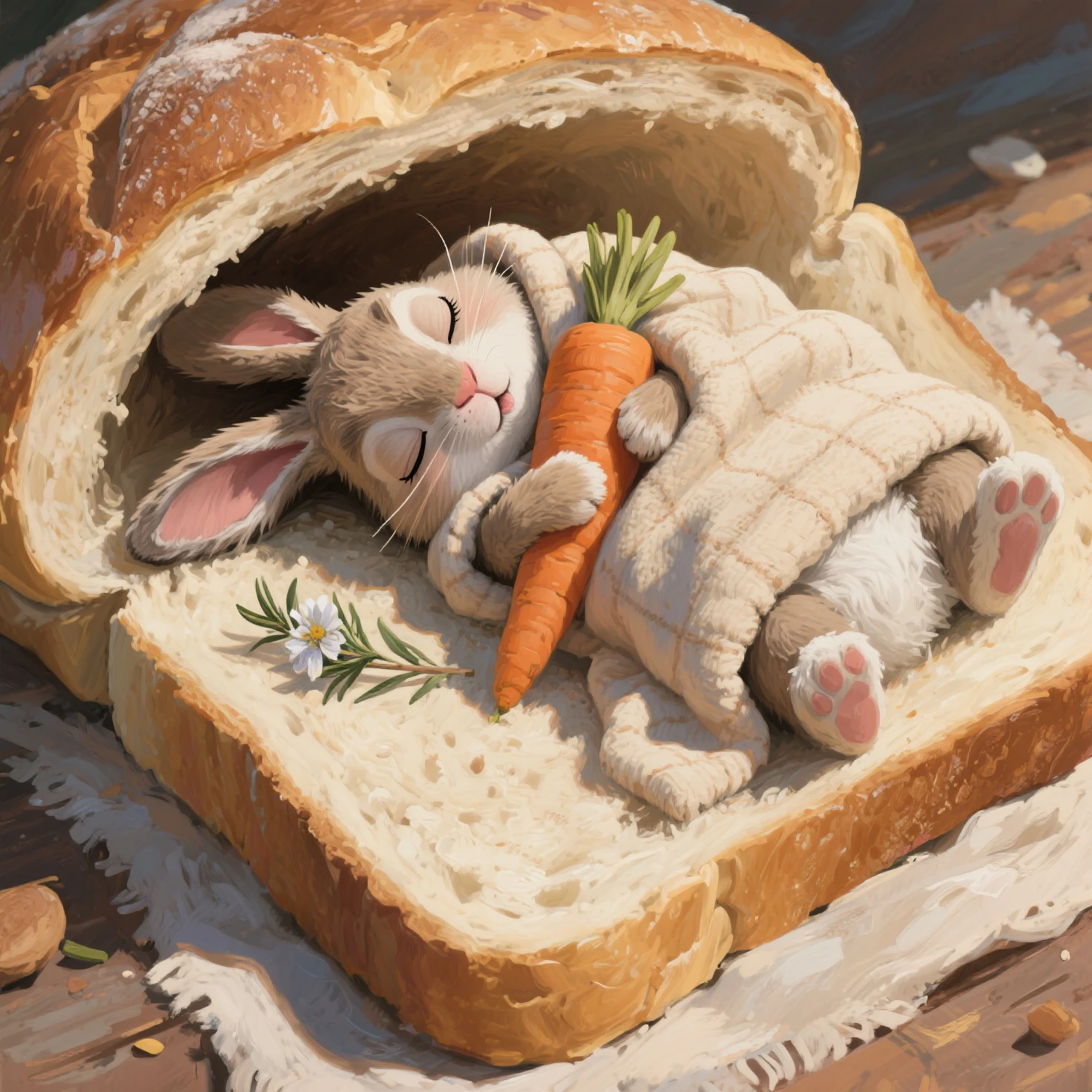  bunny sideway sleep (inside bread) with blanket of bread, eye closed, hugging his carrot plush doll. barely visible rosemary flower, fragrance of ambrosia, view from above, upside down, funny hilarious

In the style of CGI paintings, with soft, featuring rich brushstrokes, and soft textures. The composition is balanced and dynamic, blending realism with impressionistic touches. Impasto and detailed paint textures add depth and a tactile quality. Evocative atmosphere, with meticulous attention to texture, colour contrast and a vivid, atmospheric mood, Dynamic ambient lighting, smooth natural textures, soft shadows and meticulous details create a playful, exaggerated dynamic poses, with a composition emphasising movement and action. Incorporates dramatic angles and perspectives to heighten intensity and energy. 
