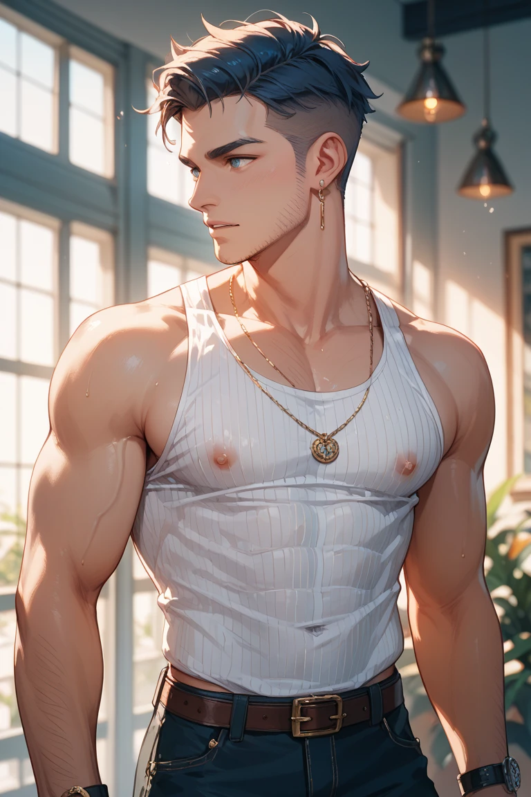 1boy, adult, handsome, perfect face, detailed eyes and face, clean shaved, muscular, capturing a rural atmosphere, dynamic lighting, unreal engine 5, hd picture, satoru gojo, white hair, short hair ,hair between eyes ,blue eyes, white skin, milk pink nipple details, wear sunglasses
