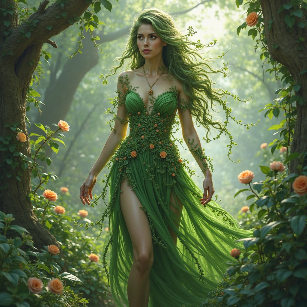 NessaDevil, woman,
"Whispering Harmony": Perched on a moss-covered branch in an ancient forest, the vixen sits amidst a symphony of nature's whispers. Her dress, woven from delicate leaves and vines, mirrors the verdant surroundings. Sunlight filters through the canopy, casting a gentle glow on her ethereal attire. Vibrant flowers bloom at her feet, reflecting the harmony between the vixen and the enchanted forest.