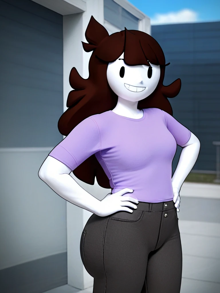 (masterpiece, best quality:1.2), extremely detailed, soft ambient lighting, sharp focus, 4K, BREAK 1girl, solo, jaidenanimations, purple t-shirt, black pants, long brown hair, white skin, BREAK simple background, white background, looking at viewer, smiling, hands on hips, F cup cleavage