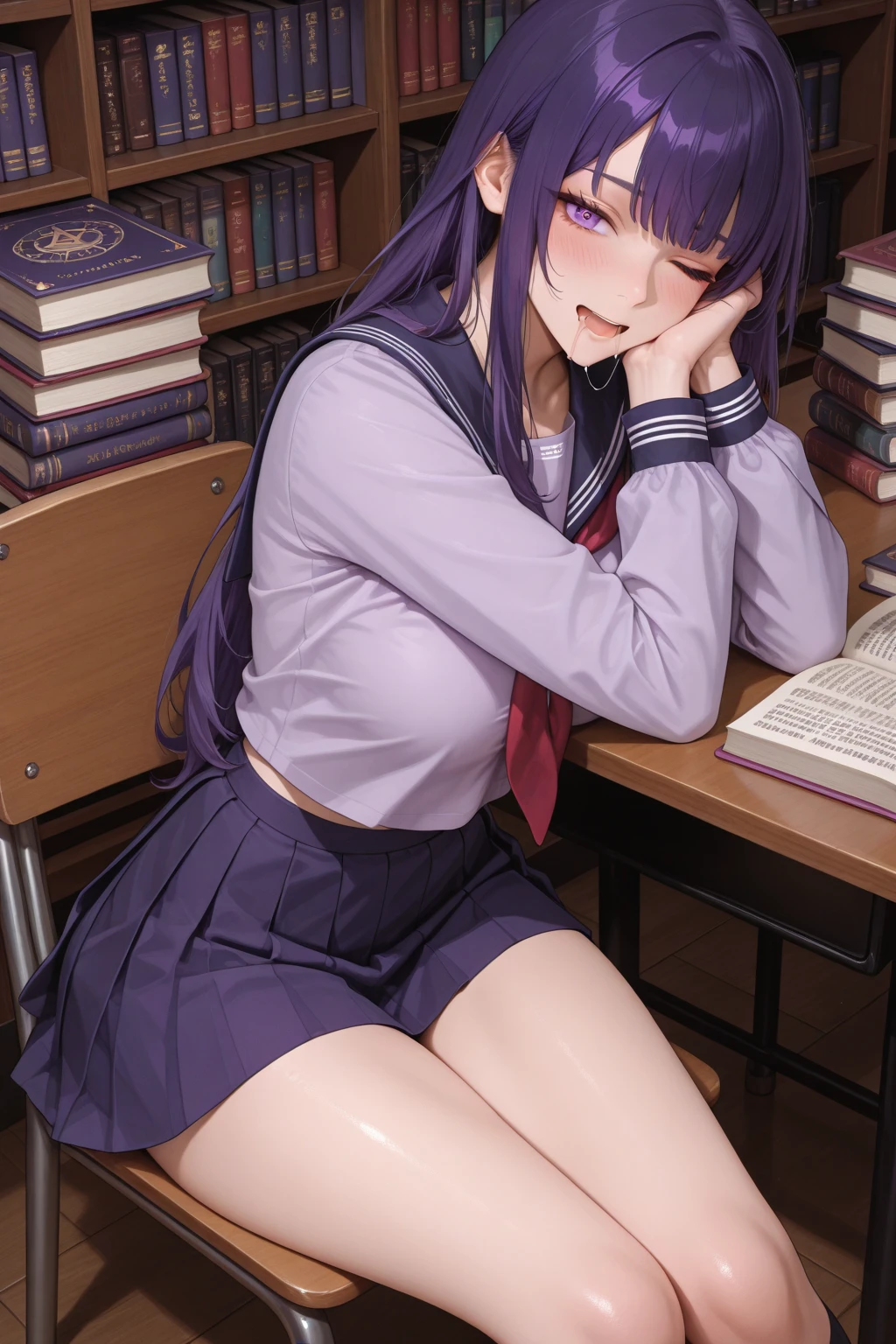 Normal chest、Please open your mouth wide、blush、Off the shoulder、Check skirt、Spread your legs(Water retention in thighs)、Medium length、Rainbow Hair、Red and purple2Hair Color、Skin-tight costume、library、Bookshelf、At my desk、sitting in a chair reading a book、(Angle from under the desk)Insert a vibrator into your underwear、Liquid dripping from a chair