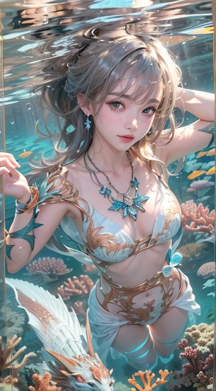 masterpiece, top-quality, hightquality, hight resolution、4K, Detailed, Detailed face, Draw a face, Beautiful mermaid sitting on crystal sphere, Girl placed inside the sphere, Beautiful flowers, Magic