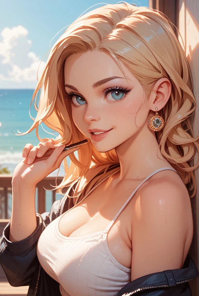 (best quality, 8K, masterpiece:1.3), pretty Woman, 1 girl, beautiful face, (Sexy), blonde hair, curly braided ponytail, White vest, Ultra-detailed face, Detailed lips, super detailed eyes, double eyelids, long upper eyelashes, Soft skin, HD skin, 8k, Super detailed, best quality detail, retina, Ultra-high resolution, masterpiece, ccurate
