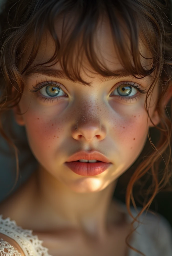 with short, dark blonde curls, 13 years and grey eyes