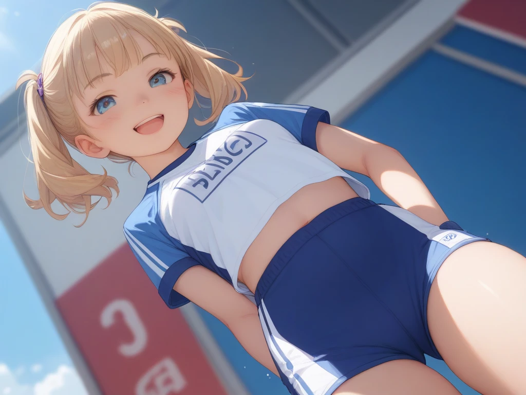 RAW Photos, Highest quality, High resolution, Very detailed、 8K image quality、、Nipples are visible、A friendly duo、Stadium、White school swimsuit、Jump、Leg spread