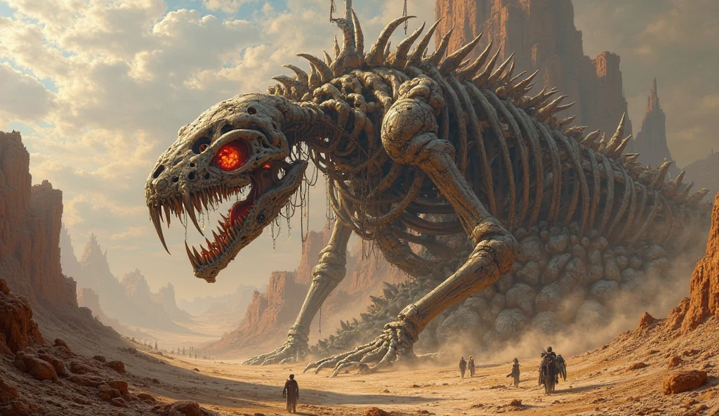 A skeletal monstrosity cloaked in tattered robes, its bones fused with sharp, metallic implements. The Bone Harvester is digging up graves in an ancient, fog-covered graveyard, surrounded by grotesque bone sculptures