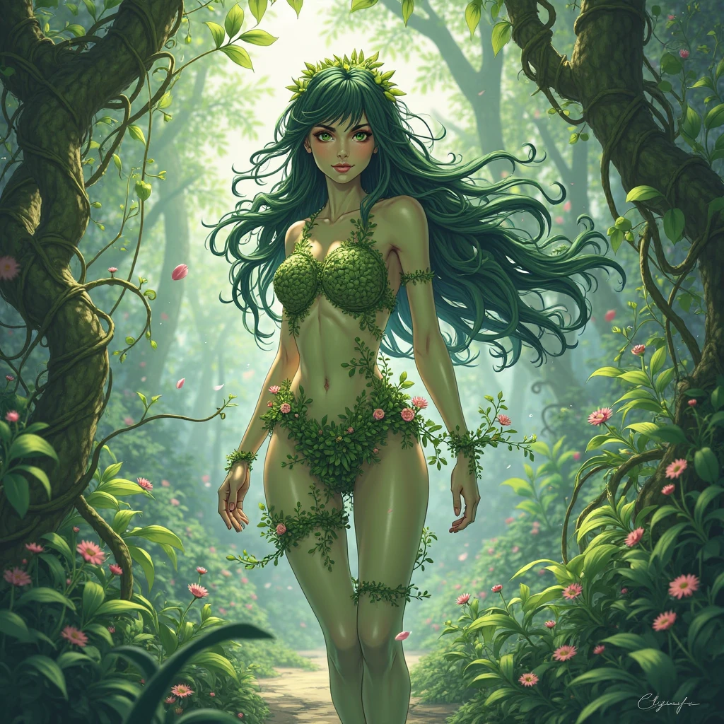  a picture of a druid in her jungle cove, an exotic, most beautiful human druid, priest of nature, warden of the wild of the jungle, full body, ((anatomically correct: 1.5)) long hair, wild hair, dynamic hair color, flowers and leaves in her hair, wearing a ((green robe: 1.3)), intricate robe, with flowers on it,  small cleavage, high boots, eyes glowing with magic, she protects her jungle grove, many old (cacao trees: 1.3), orchids trees, heliconia flowers, some wild life, a (stream of water: 1.3), fantasy art, vibrant, Ultra-high resolution, High Contrast, (masterpiece:1.5), highest quality, Best aesthetics), best details, best quality, highres, ultra wide angle, 16k, [ultra detailed], masterpiece, best quality, (extremely detailed) RAW, GlowingRunes_green