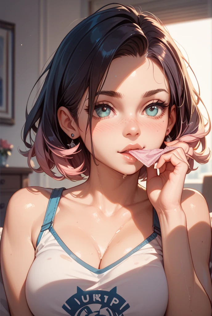 ((((highest quality)))), (((Ultra-precision CG 16K))), (((masterpiece))), (((Very detailed))), (((Extremely detailed))), (((Black outline:1.3, Written boundary depth:1.3 , Written soft outline))), Maximum clarity and sharpness,Multilayer Texture, Surface Shading, Cinematic lighting, Beautiful details sparkle ,Perfect Proportions, Limited to three woman, BREAK accurate, Anatomically correct, Highly detailed face and skin texture, drawn in detail, Highly detailed facial and skin texture, Detailed eyes, beautiful hair, Beautiful Japanese Idol face, Beautiful and beautiful eyes, Beautiful body, Beautiful breasts, Beautiful thighs, Beautiful legs, Beautiful fingers, (Beautiful views) , skinny body, ((Beautiful Skin)), ((Skin Texture)) BREAK breast enlarged, medium Breasts, rocket breasts, (perky breasts), (covered nipples), slender waist, ( narrow eyes, blush, determined expression, hot, sweaty , Heavy breathing,) , (streaked hair, hair intakes, colored inner hair, ) BREAK (((wearing oversized character printed sexy tank top, wearing outfit in casual way, wearing pleats mini-skirt, breasts is covered by outfit))) , wearing earrings, BREAK ( stick breast out),(((looking at viewer, super detailed background , ))), BREAK (((portrait, close up, cowboy shot, looking at viewer, \(face waiting for kiss\):1.3))), BREAK (sitting, a girl Applying Lipstick In front of vanity table Mirror:1.3, natural make),
