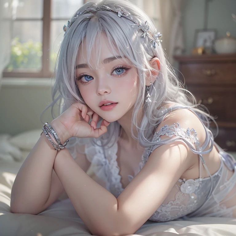 (Girl on all fours),Top quality work，Actual work，Ultra Premium Graphics，8K HD CG works，High quality graphics，High-definition CG works，10x pixels，Extremely fine detail：1.1，Advanced Technical Details：1.1 Photorealistic，Indoor lighting effects：1.5，Natural light：1.5. Light effects（virtual Light effects：1.8），長いSilver Hair，Silver Hair，Transparent Hair，Hair with attention to detail（Premium Hair Detail：1.1）Clear Eyes，Beautiful double eyelids，Sharp eye makeup, Delicate eyelash makeup, Thin eyebrows, Highly detailed eyes，High nose, Nice red lips, Rose Cheeks, A face with subtle makeup , Cute face, perfectly balanced face,（Advanced Face Detail：1.1），Girl in maid outfit、 Cosplay, Knee socks, High heels, See-through,，The moonlight pours down like water，Foggy Room，Like a fairy in a painting，Slim sexy legs，A beautiful face is beautiful and delicate，Like a finely carved piece of jade、The waves in my eyes are like twinkling stars，Show the light of patience and wisdom。The bridge of the nose is straight，Cherry lip color, her face is clear，Her skin is as white as jade，Gives a healthy glow，Her makeup is light and subtle.，Not too decorative，A light-toned foundation enhances the clarity of your skin.，Eye makeup: eyeshadow and eyeliner，Make her eyes brighter and more cheerful、Add a touch of glamour and sophistication，Wear white to beat the snow，Clothes fluttering，It&#39;s about to be blown away by the wind，Drifting Away。Beautifully embroidered patterns on clothing，Without losing grace，Showing off incredible skills。Wear a wide belt around your waist，A transparent jade pendant hangs from it.，Swaying with her movements。Her hair is casually tied back，Fix with hosta，A few strands of hair are swaying gently in the wind，Add a little softness、Charmed everyone&#39;Note、Grace、mystery、full of power。