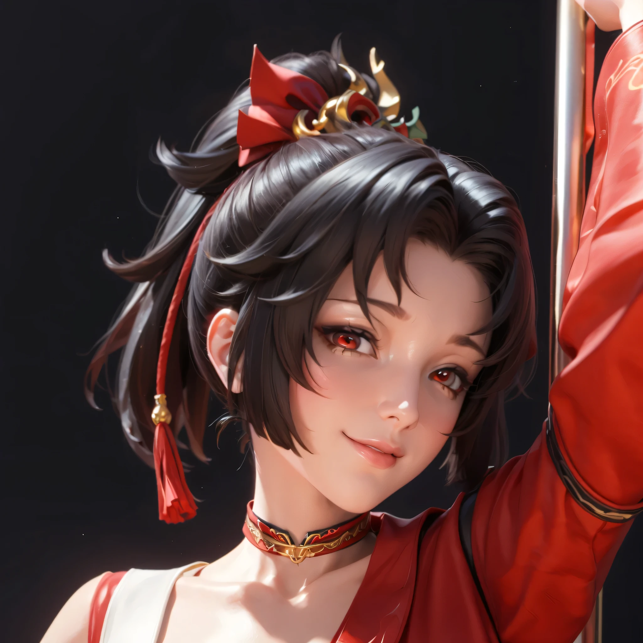 highres,best quality at best,masterpiece,quality,best quality,delicate facial features,look at the audience,there is light in the eyes,WZRYyunyingYP,(masterpiece),(best quality),masterwork,semrealistic,realistic,mature female,wide hips,fair_skin,shiny_skin,3d render,<lora:云缨yunying_ILV2-000016:0.8>,red eyes,yunying,short hair with ponytail,black hair,red and white traditional outfit,red sleeves and shoulders,gold ornate patterns,black wide belt with gold decorations and red buttons,red and green necklace,hair accessory,red tassel accessory,seductive_smile,pole_dancing,black_background,medium breasts,thigh-high black boots with gold accents,