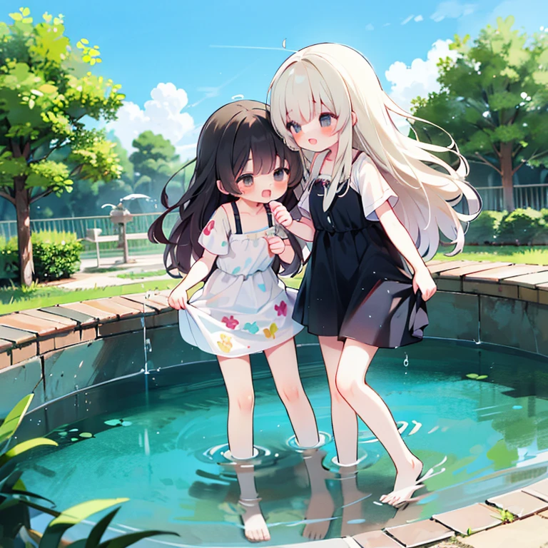 ((2D beautiful girl、top-quality、Perfect Finger 1.3、Perfect Anatomy 1.3、extremely delicate and beautiful illustration))、cute petit girl、(transform sequence)、((swim wears))、12year old、Slender beautiful girl、Fractal Art、baby-face、((stright long hair))、big drooping eyes、A smile that showed teeth、Full Body Display、(two individuals)、school poolside、