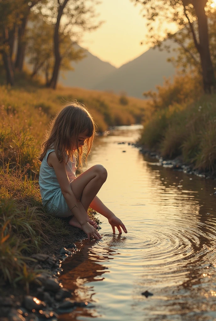 A girl in a lake with green hues, and the sunlight filtering through the trees from behind