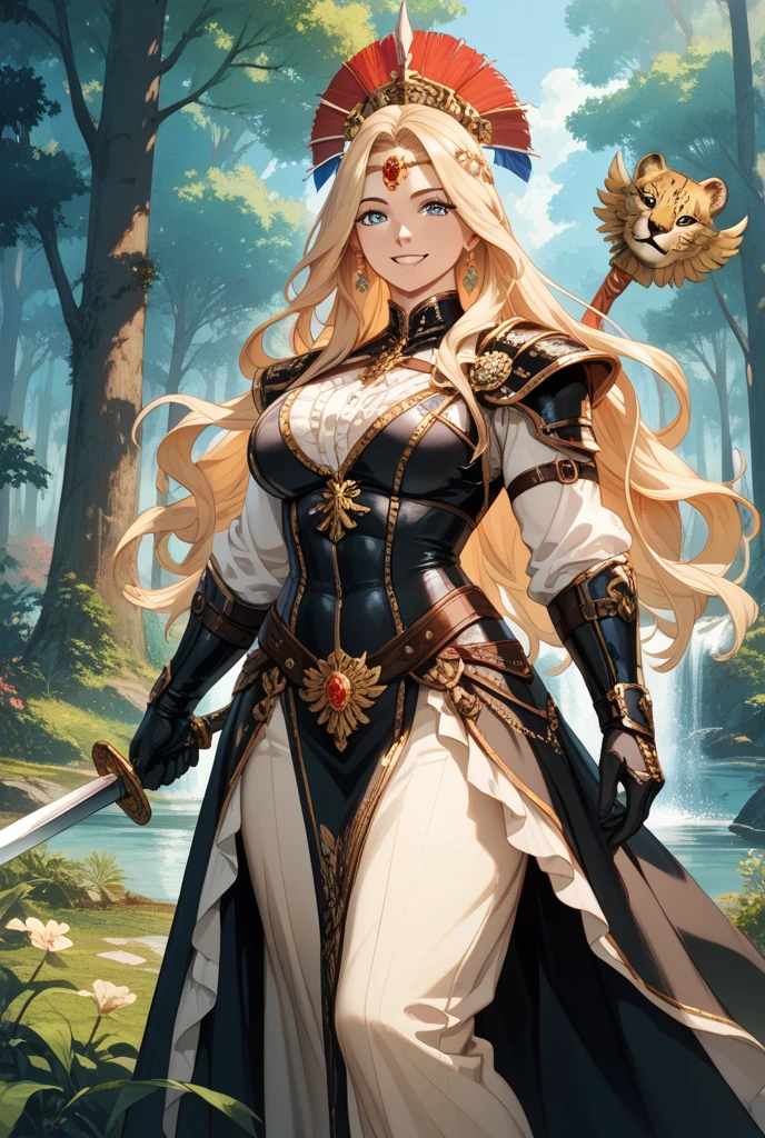 High Resolution, Masterpiece, fantasy genre, HD, High Quality, Backlighting, Overexposure, Optical Illusion, Silhouette,
Anime Style, Digital Art, cowboy-shot view, Warhammer 40K aesthetic
{{((80 years old british knight queen: (blonde mediumlength straight hair with fringes tied in a tail with a blue ribbon, beautiful face, face freckles, dark-blue eyes, elegant smile, relaxed expression, tall body), (huge bulky knight armor, red shoulder plates with golden trims, golden cuirass, golden crowned roaring lion face crest on cuirass, red elbow plates, blue arm plates, blue gauntlets, golden belt, blue hip armor plates, red and blue armored bulky boots, (golden riyal lion long sword)), (on patrol while holding the royal sword, rotal british castle hall),(green hill, green grass, blue sky))}}