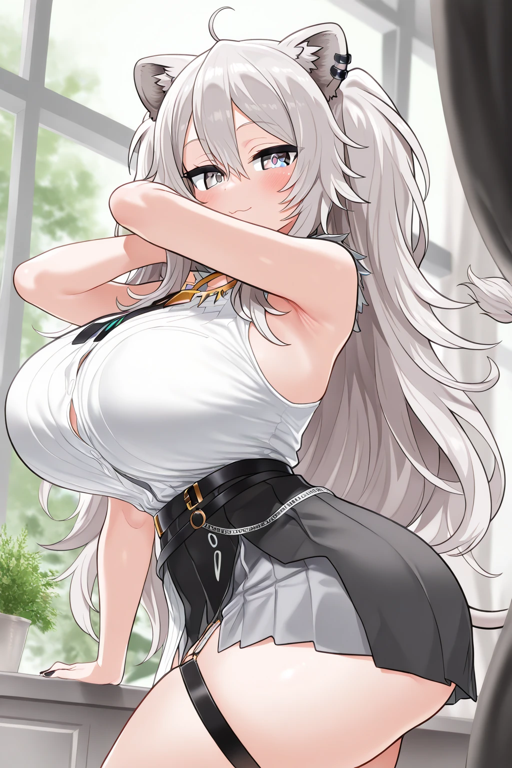 Noelle silva, Noelle from the anime black clover, white hair, twintails hair, beautiful, beautiful woman, perfect body, perfect breasts, wearing a sportswears, wearing earrings, wearing a watch, in the park, cherry tree, traditional house japan, looking at viewer, slight smile, realism, masterpiece, textured leather, super detail, high detail, high quality, best quality, 1080p, 16k, busty milf, sweaty, huge breast, huge ass, massive breast