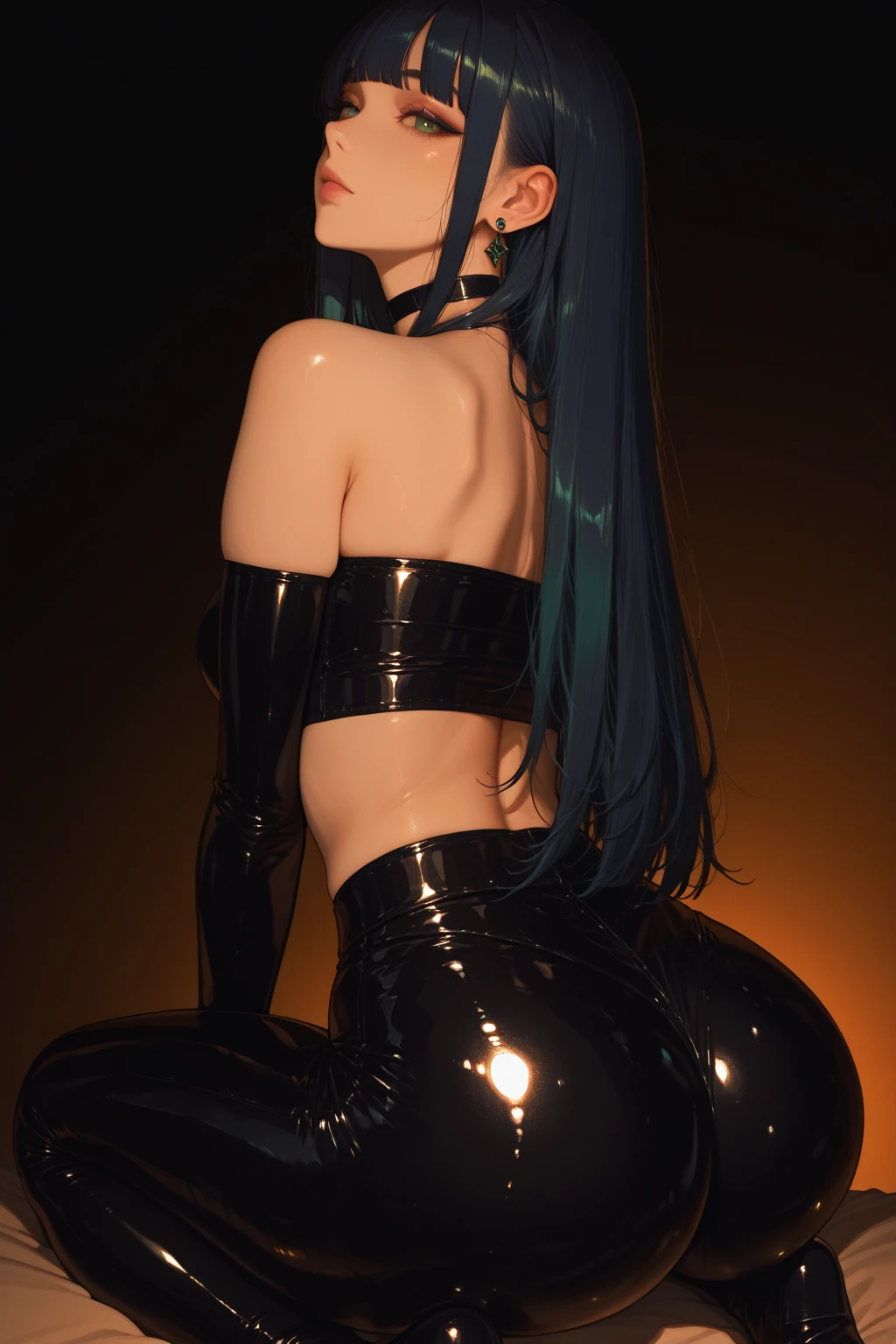8K, Top Quality, Intricate Details, Ultra Detail, Ultra High Resolution, Masterpiece, close up shot, shot from behind, (Looking back), (full body: 1.1), Slender, Smile, (Makeup: 0.4), ,(( blue eyes, blue hair, bangs, very long hair, extra long hair, messy hair )), (Fluffy  Eyes: 1.21), (()), 1girl, solo, 1 girl, (()), close up shot, , ((tall)), (((fit body))), (((slim face))), sharp face, ((skin tight suit, torn suit, ripped suit ))  ,(detailed face), sharp face, small lips, , ,(( ass up, butt cheek,)) ,,wind blow hair ,(wind blow hair)wind blow, strong wind, wind blow hair,  (()),  ((smirk)), ((((futuristic suit,)), , ((,)))), (), (()), , ((())), ((ass)), back, (())
 ((, )), , ((naked, nude )), detailed face, detailed breast, large breast, huge breast, detailed ass , detail nipples ,, Narrow Waist, Skinny, tall , 190 cm tall, Muscular, Navel, Exposed Abdomen, Pointed Chest,, Beautiful girl with accentuated slender abs: 1.4, Six Pack Abs: 1.4, , Perfect Body, detail legs, (( dark background)), black background,