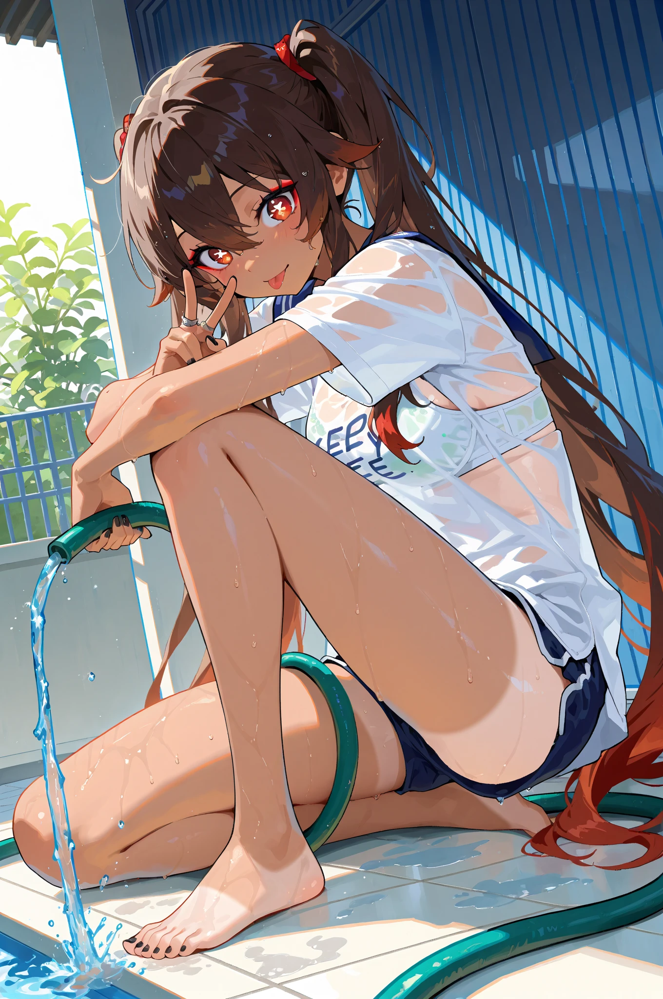 (High resolution), (in 8K), (Extreme Detail), (Best Illustration), (beautiful detail), (Best Quality), (masuter piece), ( Detailed face),Mi、Golden hair、The long-haired、hair pin、piercings((swim wears)) (Vicious look、Vulgar smile)、((Raking up your hair、One hand is on his hip))Realistic fantasy rendering, Realistic anime girl rendering, popular in CGSTATION, 4K,highlight in eyes,((Background with、water dripping、under the water))Rough breath、red tide、Sweating、((Strong sunshine))