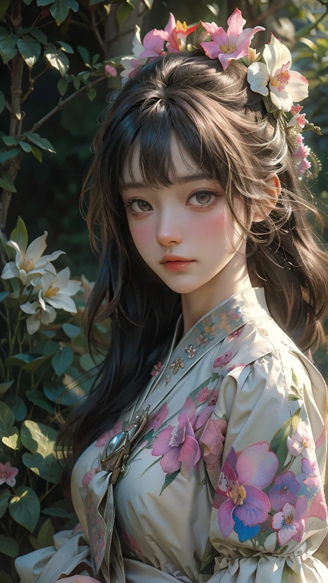 ((Best Quality)), ((Masterpiece)), (Detail: 1.4), 3D, Beautiful Cyberpunk Female Image, HDR (High Dynamic Range), Ray Tracing, NVIDIA RTX, Super Resolution, Unreal 5, Subsurface Scattering, PBR Texture, Post-Processing, Anisotropic Filtering, Depth of Field, Maximum Sharpness and Sharpness, Multi-layer Texture, Albedo and Highlight Mapping, Surface Coloring, Mitsu-Accurate Simulation of Material Interactions, Perfect Proportions, Octane Rendering, Two-color Light, Large Aperture, Low ISO, white balance, regular three-point, 8K RAW, beautiful bright pupils, flowing robe, fine pupils, delicate face and eyes, long eyelashes, blush, fluffy hair, pink lips, pure, cute, sweet girl, cherry blossom petals falling, butterflies, casual wear, high-end sense