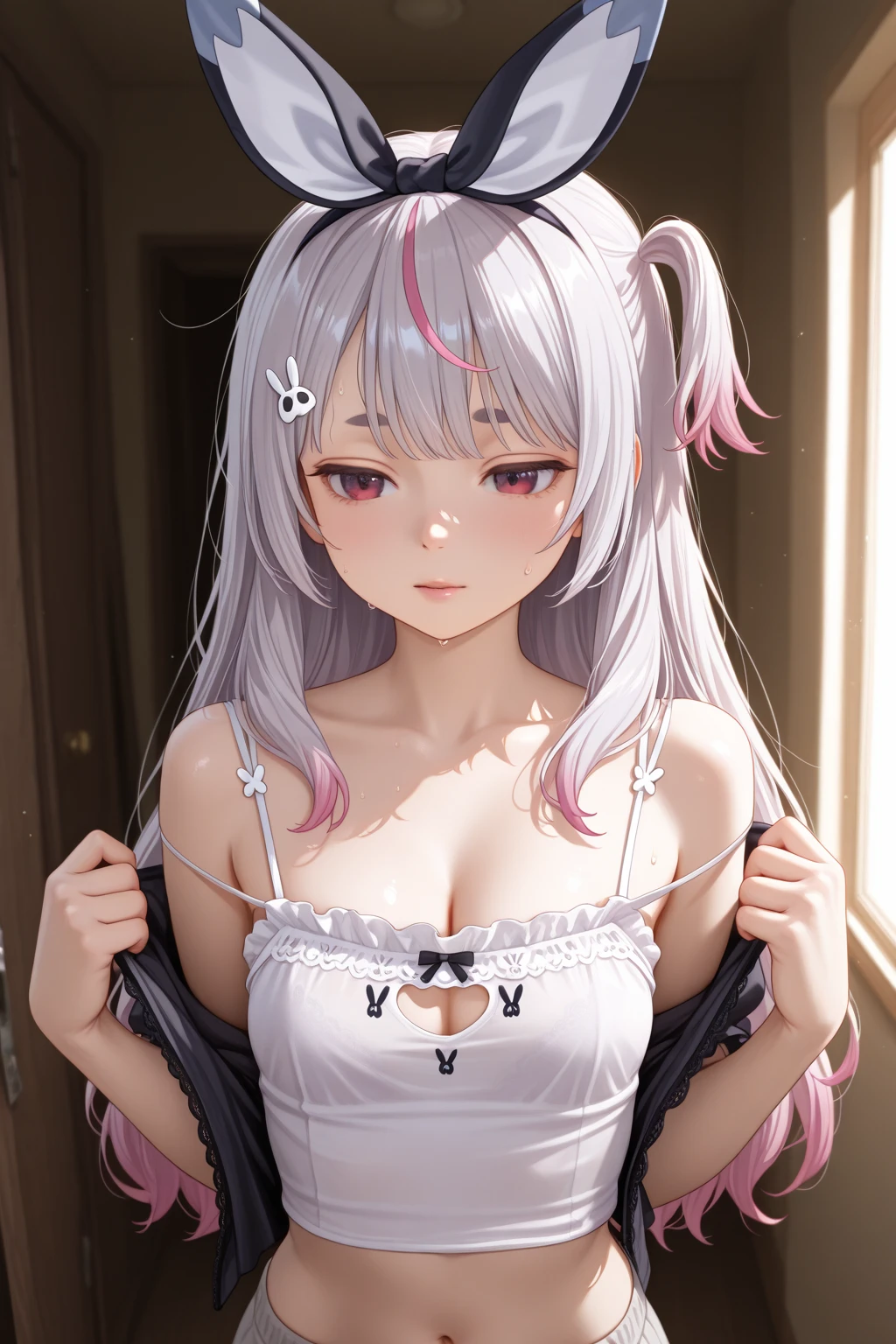 Mine makeup girl、Hotel、Black straight long hair、Glowing neon lights、ガールズBar clerk、Bar clerk、provide alcohol、Neon and uv black light store interior、cyber 、White T-shirt that glows under black light、large full breasts、Large cleavage、Hot pants in satin fabric、A store that looks like a spaceship