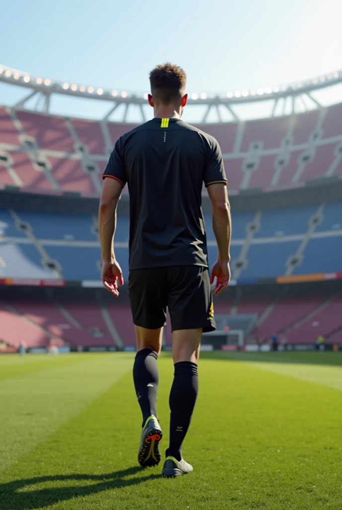 Full view full body, a handsome white European young footballer with fresh undercut haircut in light brown, thin muscular, in full white football gear, stollen, Socks, Jersey and tight sports shorts, shows his big butt in the locker room, HQ-Photo