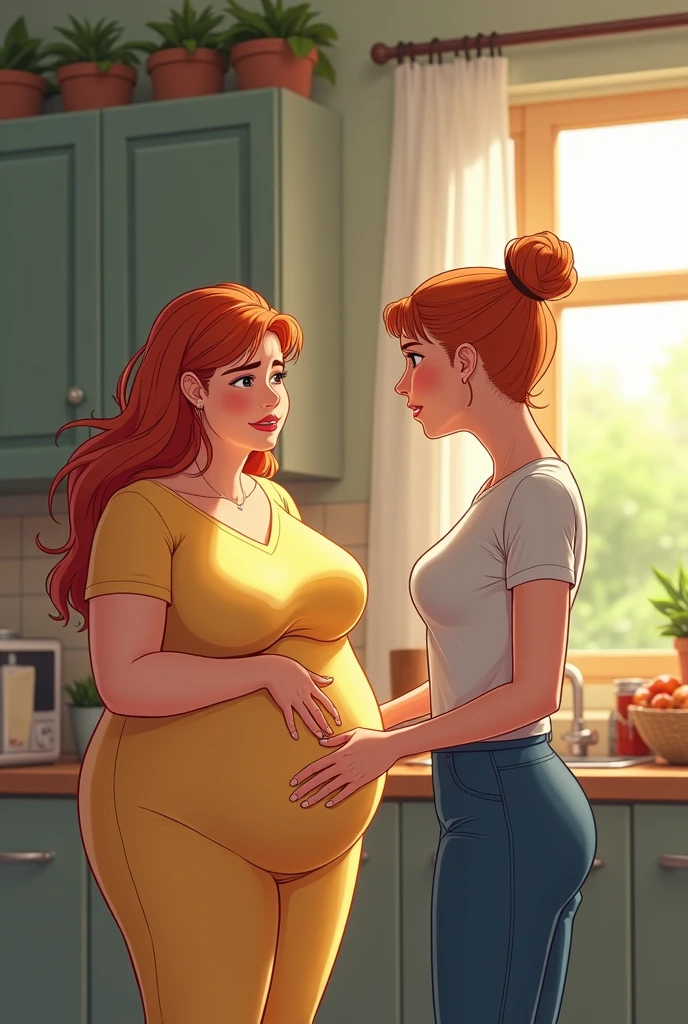 Kitchen, two pregnant women, one is blonde with huge boops, gigant boops size F, gigant boops!!!, she is in a second trimestr, second one has big boops size E, she is in a third trimestr and she is a brunett, they are baking, typical housewifes, they are looking natural, brunett has smaller boops than blonde, blonde has gigant boops!!!