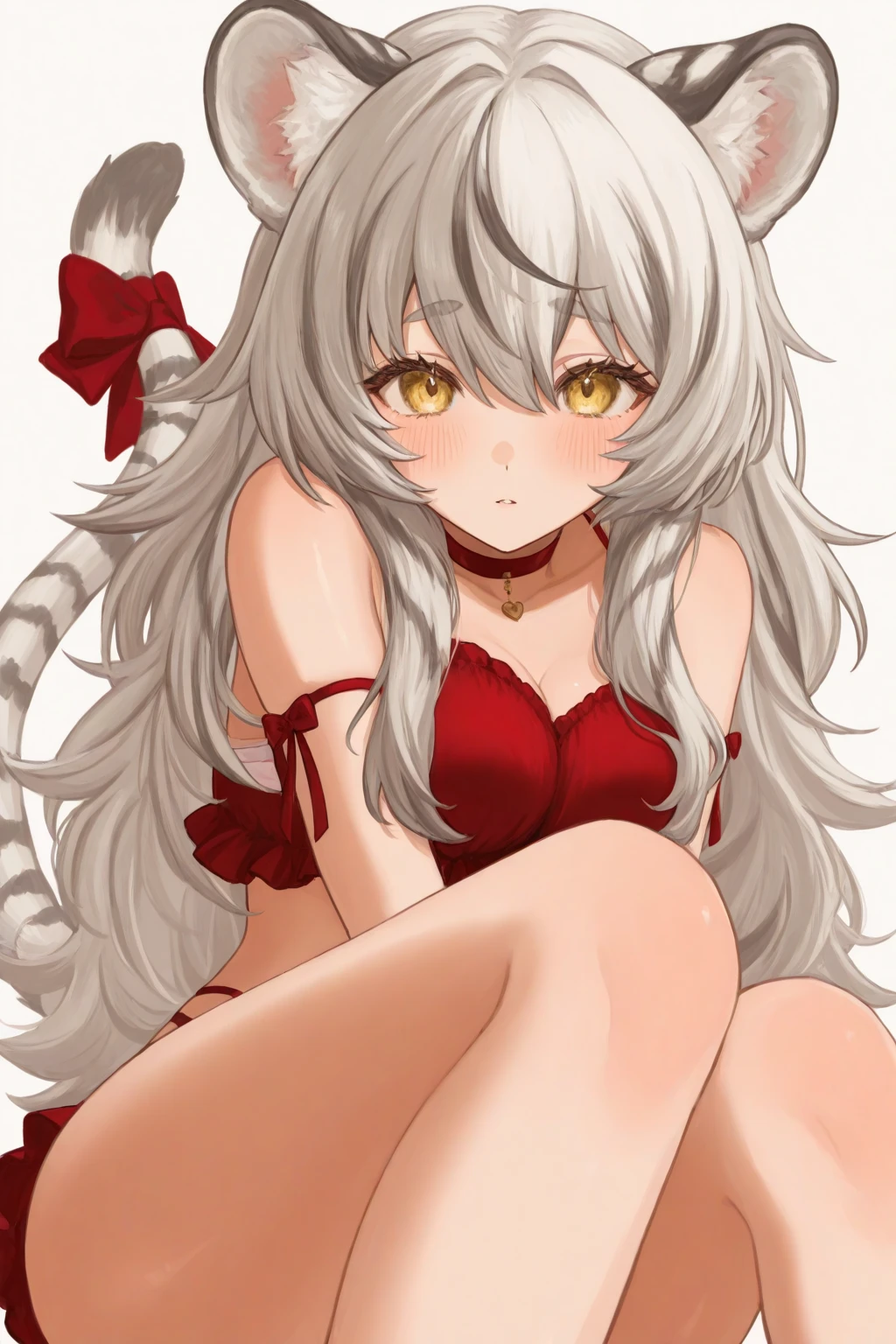 best qualityer, one piece, white fox, female, cauda de white fox, fox ear, red bikini, shorts preto, nervosa, yellow eyes, White hair