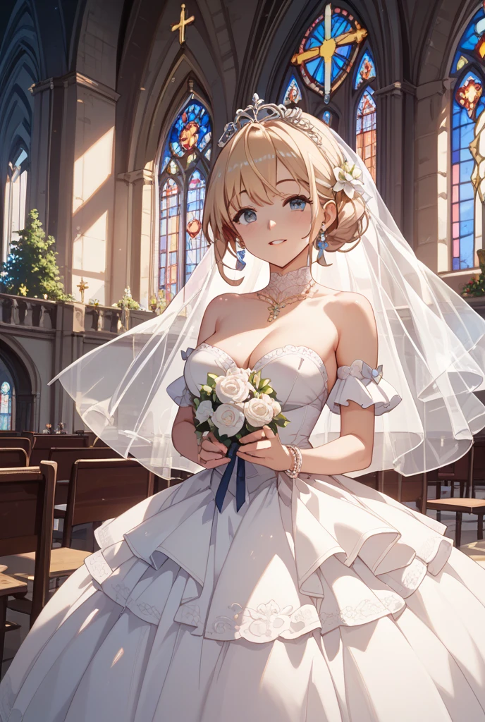Photorealism、Highest quality、超A high resolution、Scandinavian beauty、 One girl、gravure idol、Lady、17 years old、cute、beautiful、最もbeautifulScandinavian beautyの写真、可愛くてbeautiful顔の詳細、Small Face、Big Tits、Slender、slim、Waistline、Transparent white skin、Large pale light blue eyes、Big Eyes、Blonde Hair、Straight Short Hair、young pretty gravure idol、looking at the camera、bewitching pose、Model pose、Excited expression、Wedding dress、Veil、church、Wedding dress、holding breast