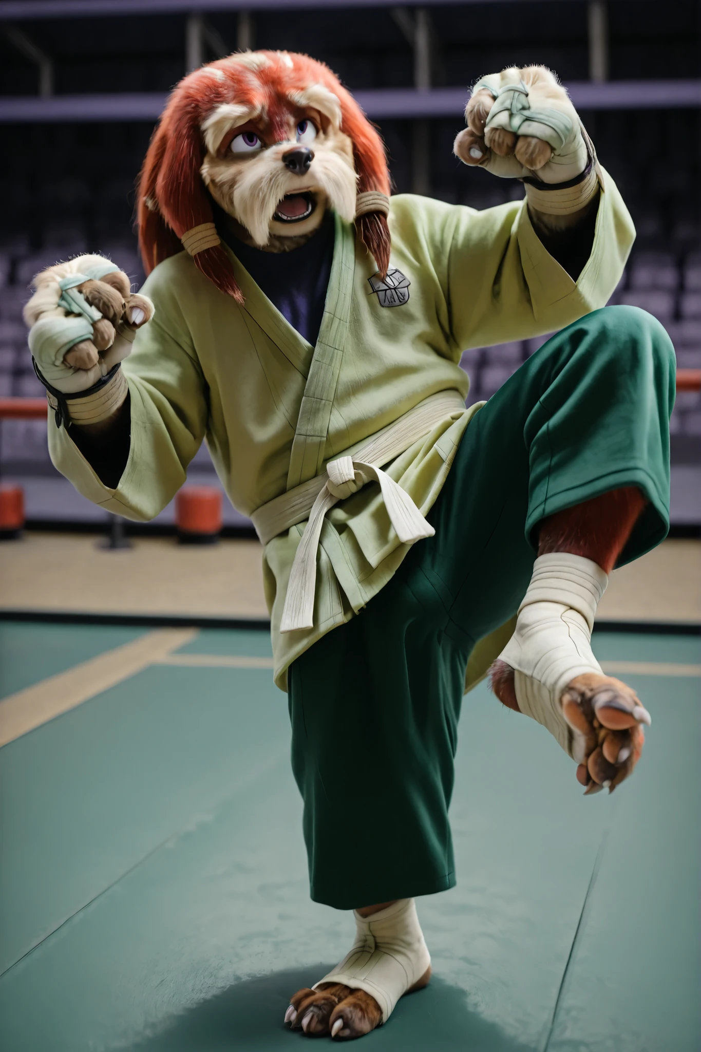 score_9, score_8_up, score_7_up, (best quality), ultra-detailed, high resolution, 8k, 2d, masterpiece, absurdres, high quality, ultra-detailed, illustration, solo
((Pachacamac)), ((elderly furry male)), ((anthro echidna)), ((purple eyes)), ((fluffy red fur)), cream fur, mustache, (((bara))),
score_9, score_8_up, score_7_up, (best quality), ultra-detailed, high resolution, 8k, Pachacamac, elderly furry male, anthro echidna, purple eyes, fluffy red fur, full body, outside, training ground, m0d3rn gym, (((green karate kimono shirt))), purple ornaments on green karate upper kimono, (((long black karate pants))), purple stripes on pants, toeless socks, nice furry feet, human shaped feet, feet with red fur, 5 toes, claws, modern vibes, ((fight stance)), (((kick))), one foot up, (((feet))), nice furry feet, soles, foot towards viewer, focused, angry, male only, solo, hypnotized, ahegao, heavy breath, flat-chested, dazed, bulge, detailed face, perfect face,