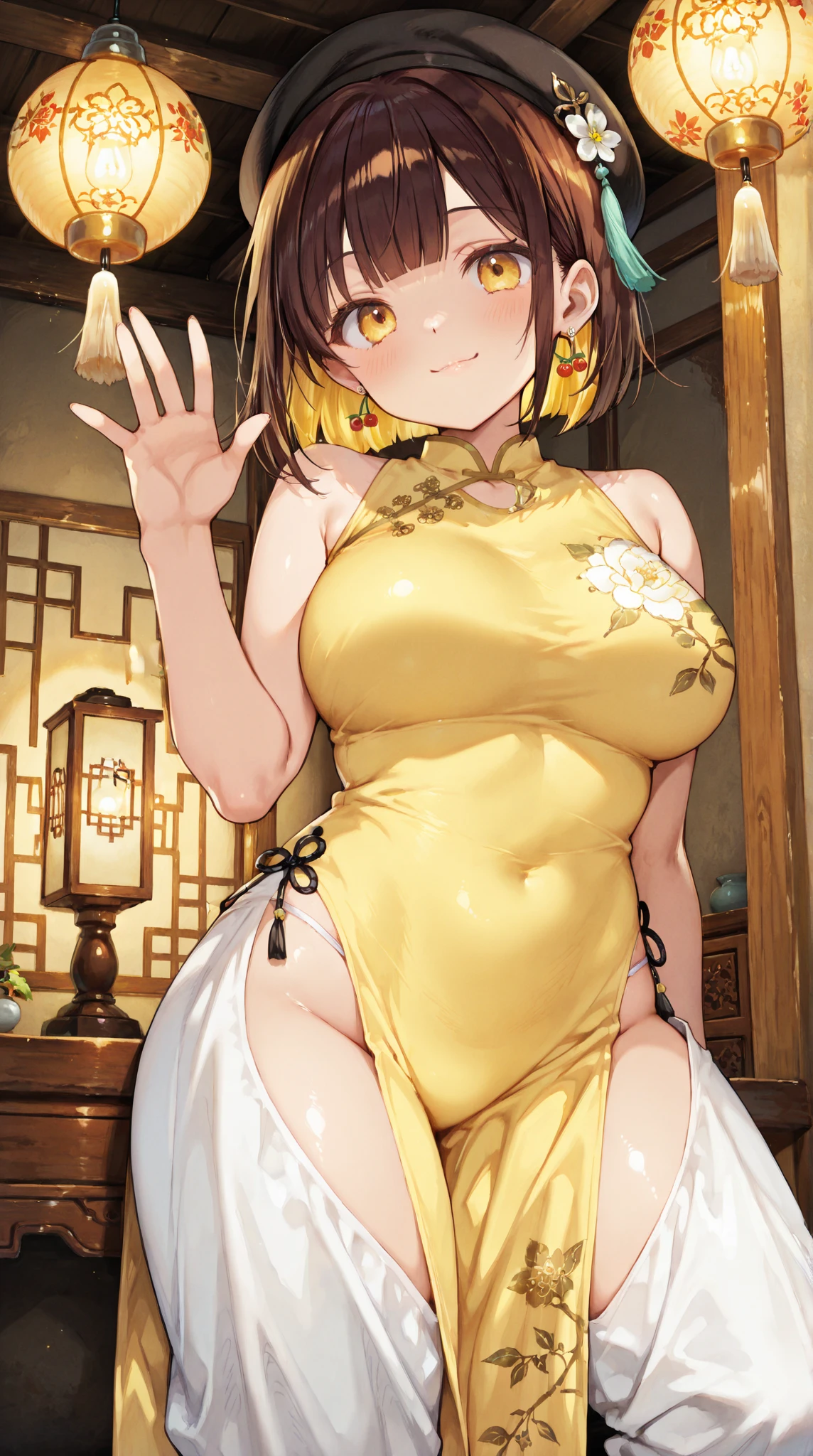 ((masterpiece)), beautiful, 1girl, full body, <lora:Detective Conan Kazuha:0.8> kazuhatv, short hair, hair ribbon, ponytail, wearing an egyptian dress in the desert, egyptian dress, pelvic curtain, bare thighs, white dress, gold ornaments, cleavage, large breasts, desert as background