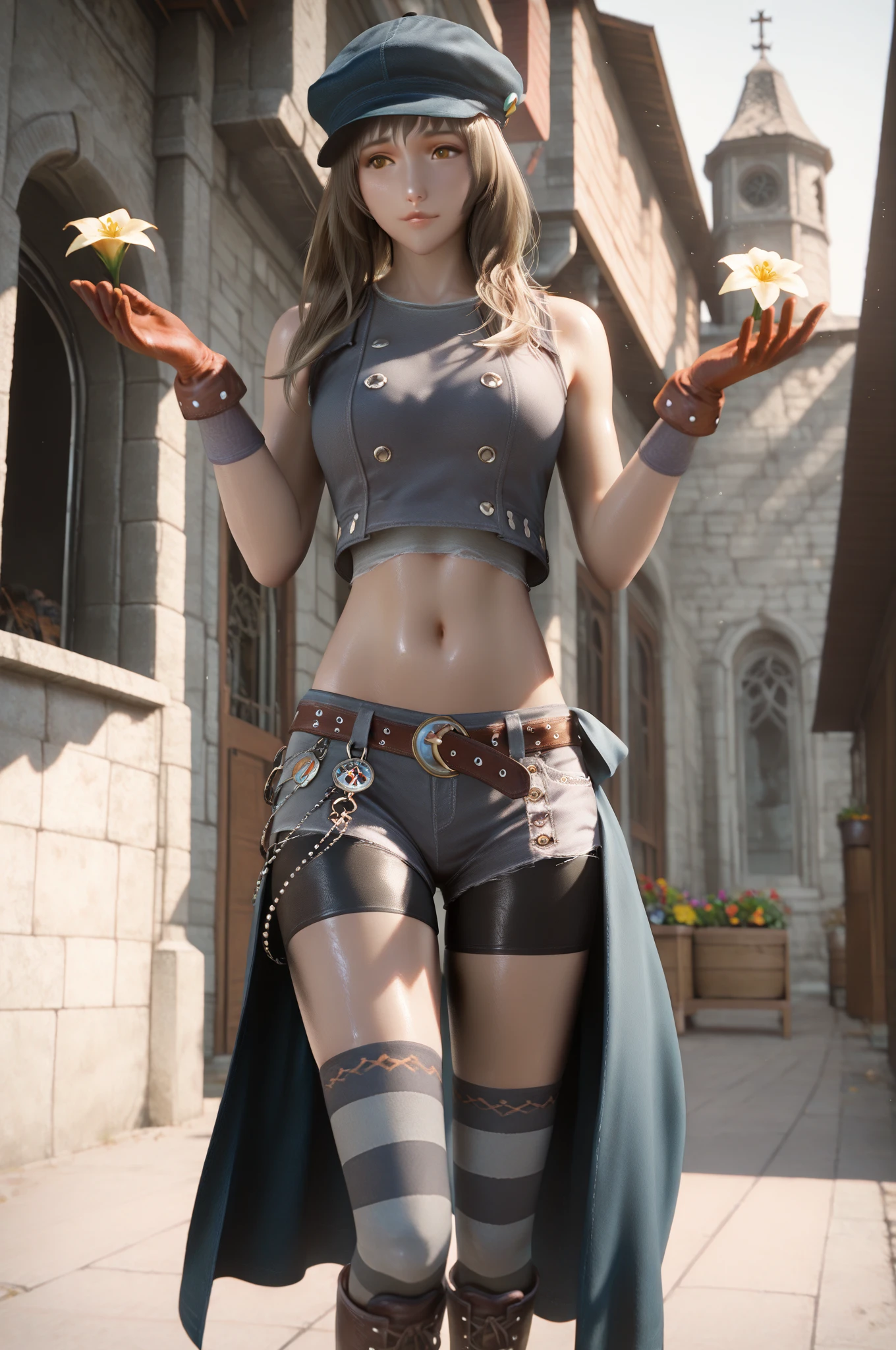 Masterpiece, ultra detail, high quality, 8k cg, blush, bright eyes, standing, outdoors, smile, (night:1.5), slim body, narrow waist, huge breast,leone, blonde hair, cat ears, strapless, detached sleeves, boots, scarf, belt, tail, midriff, large breasts