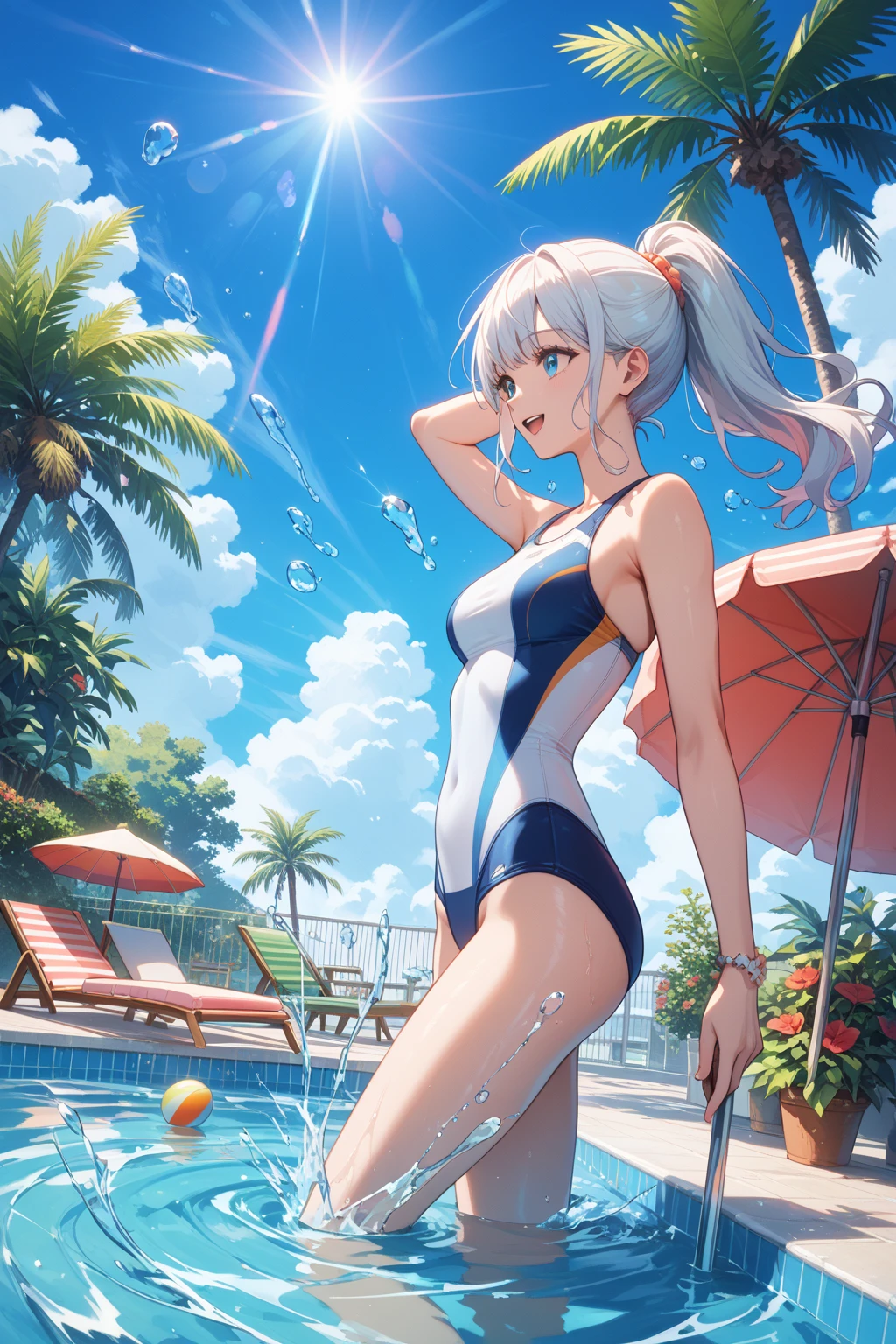Pool party,swimsuit,(Wear conservatively:1.2),(master masterpiece:1.2,best best quality),(Fine beautiful eyes:1.2),(Very detailed CG unity 8k wallpaper,master masterpiece,best best quality,Ultra detail,Best shadows),(Detailed background),(Beautiful detail face,Beautiful detail eyes),High contrast,(The best lighting,Extremely refined and beautiful),1girl,(Colored paint splattered on transparent background,Dulux,)),Dynamic angle,Beautiful details glow,full-body,Cowboy shots,Hair, Purple eyes