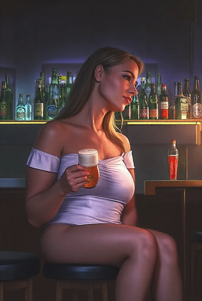 High definition, 4K , A 25 year old woman, sexly, blonde, breasts showing, posing for the photo, face down on a counter, completely naked, eyes browns, realisitic, linda, a glass of whiskey on the counter, big-ass
