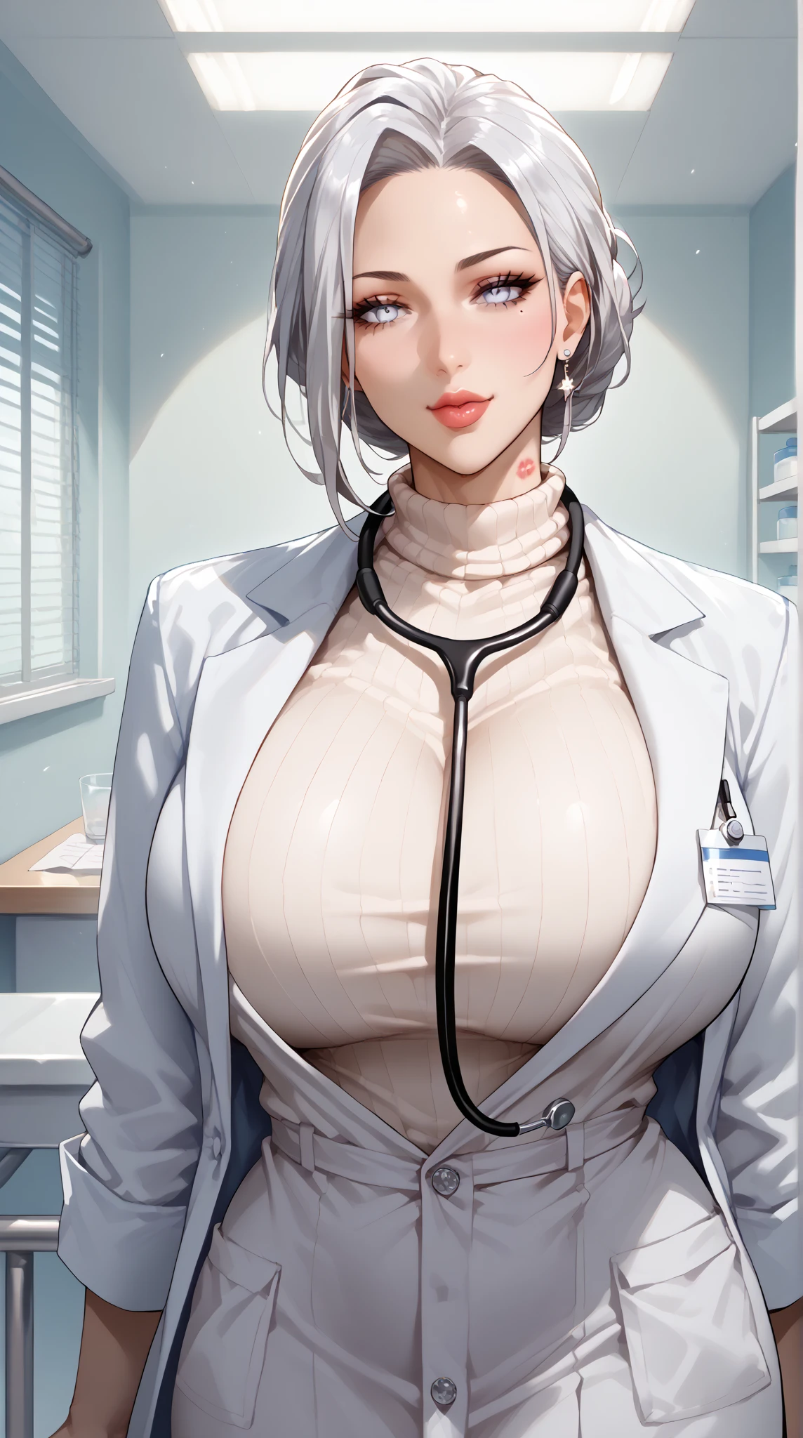 One woman ,wolf cut hairstyle ,red lipstick,sharp jawline,face makeup,mole under right eye, triangle earrings, perfect mature body,cleavage,full sleeve Black sweater,white jacket ,pants,grey hair