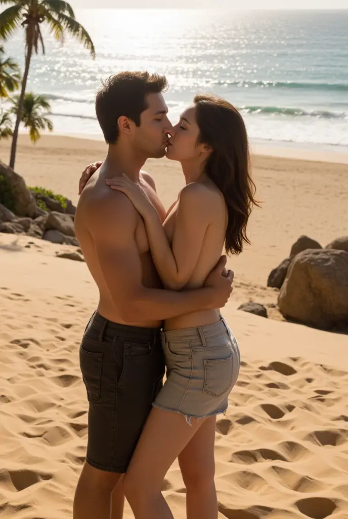 Illustration Couple man and woman giving each other love and hugs on a beach at sunset