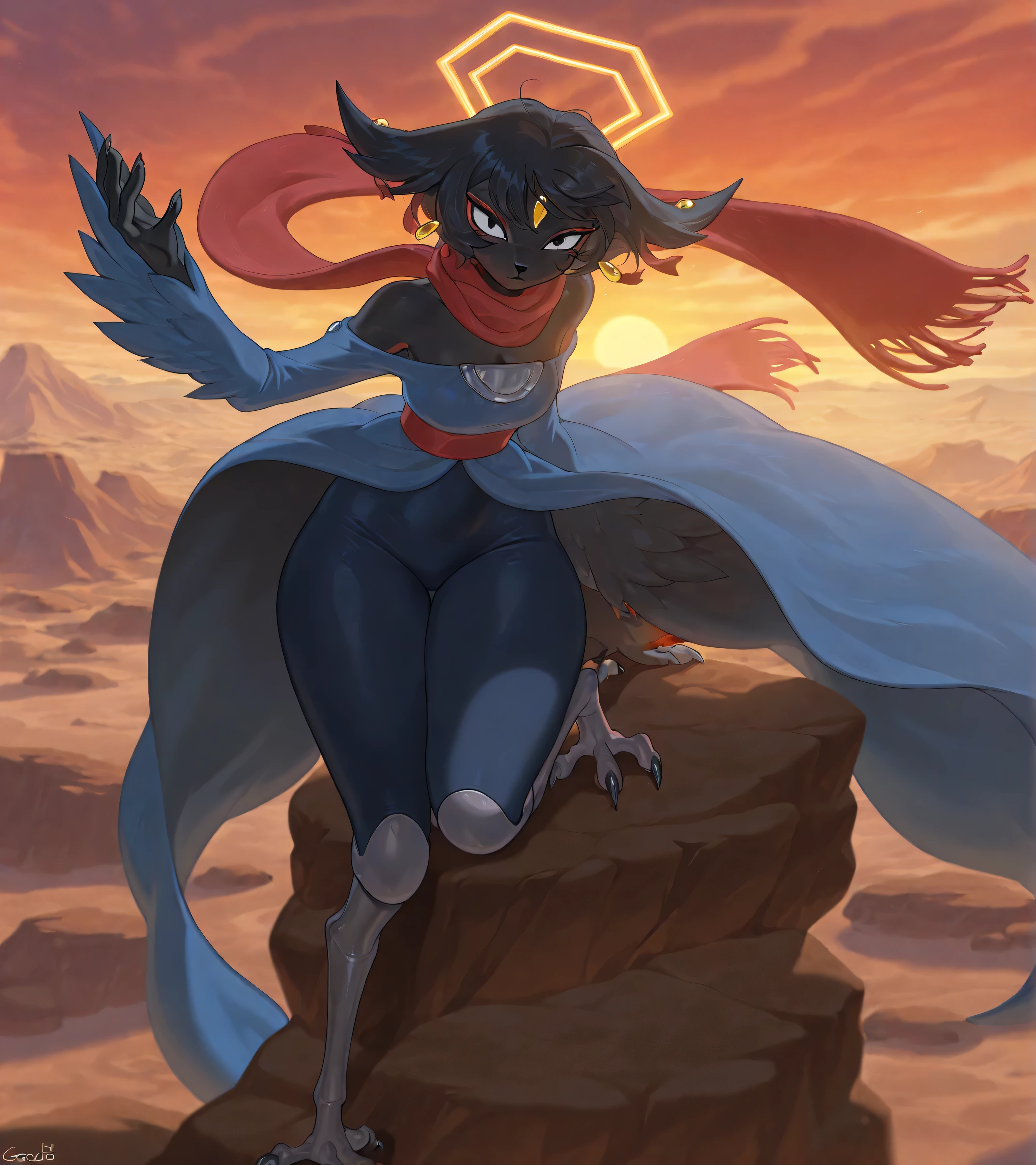 (prince of persia 2008 style), (extremely detailed CG wallpaper 8k), main part, masterpiece, best quality, amazing quality, very aesthetic, absurd, background - switched off room, extremely detailed, 8k , wool , source_anime, Amazing background, ((\Goumang\:1.4)), (solo), female, harpy, (black body), wool, black nose, black_wool, long eyelashes, (red eyeliner: 1.2), halo, earrings, anthropomorphic , prosthetic legs, (Curved body type, big hips:1.1), (\ clothes ,prince's clothes from the game , prince of Persia 2008 , red blue scarf wriggle in the wind , wind in face , clothes wriggle in the wind\:1.2), full length, anthropomorphic, straight shoulders, (Round face: 1.1), mouth covered with scarf, eyes narrowed,(sharp eyeliner, ombre, detailed eyes: 1), Persian desert and rocks, outdoor scenery, SMASH, (Ghibli style), (dynamic pose) , upper body, gloves with sharp metal claws