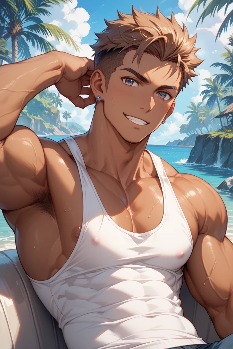 (canto da foto de baixo para cima) (imagem da mais alta qualidade) Lion man ,real, jovem, foco masculino, vestindo shorts, imagem de anime, na praia com uma sunga apertada, pernas bem abertas, sexy face, rosto atraente, cabelo subcortado, huge muscle muscles of the chest, anime wallpaper, exibindo seus musculos, large strong thigh muscles, Biceps Sinewy muscles, virilha marcando, Big chest, six pack abs, corpo tonificado devido ao treinamento intenso, Well-developed muscles, ABS transparente de 8 embalagens, 3 metros de altura, topless, abrindo bem as pernas, pele brilhante, wet from bathing , hands on thighs, bare feet, Sem barba