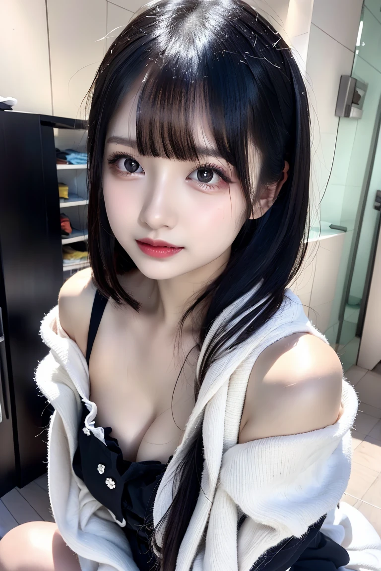 (highest quality), masterpiece, Extremely detailed CG8K painting, High collar, Extremely High collar saturation, All colors become darker, Painting, Graffiti art, center composition, Highly detailed lights and shadows, Very detailed face and eyes、((Completely naked:1.4, Beautiful breasts:1.3)), Slim figure:1.1、Glossy white skin、(Black Hair:1.3)、Ultra detailed face、Lips Detail、Detailed Eyes、double eyelid、bright, big, Beautiful eyes that shine like jewels、Wide Shot, 1 girl, A beautiful and cute 、Beautiful Bangs、Very cute face、Bright Smile、Eyebrows behind the bangs、Textured white skin,
