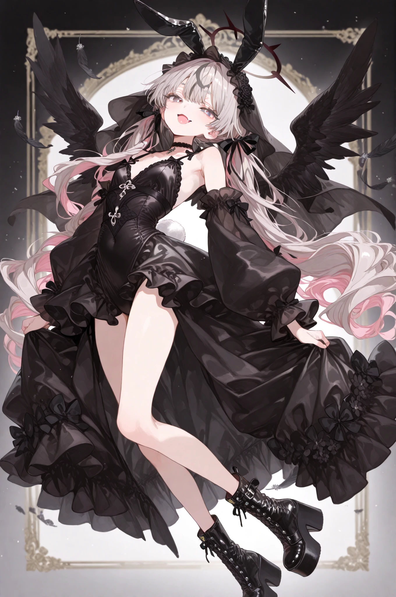 Fulll body Shot,sportrait,the only person,A beautyful girl,Hair over the shoulder,succubi,Happy,pointy ears,goat horn,high-heels,put your hand to your mouth,Cross one hand at waist,Whitish skin tone,bow tie,grinning smile,Magic pupil,a garter belt,demons,demons翅膀,Bat wings grow on its back,