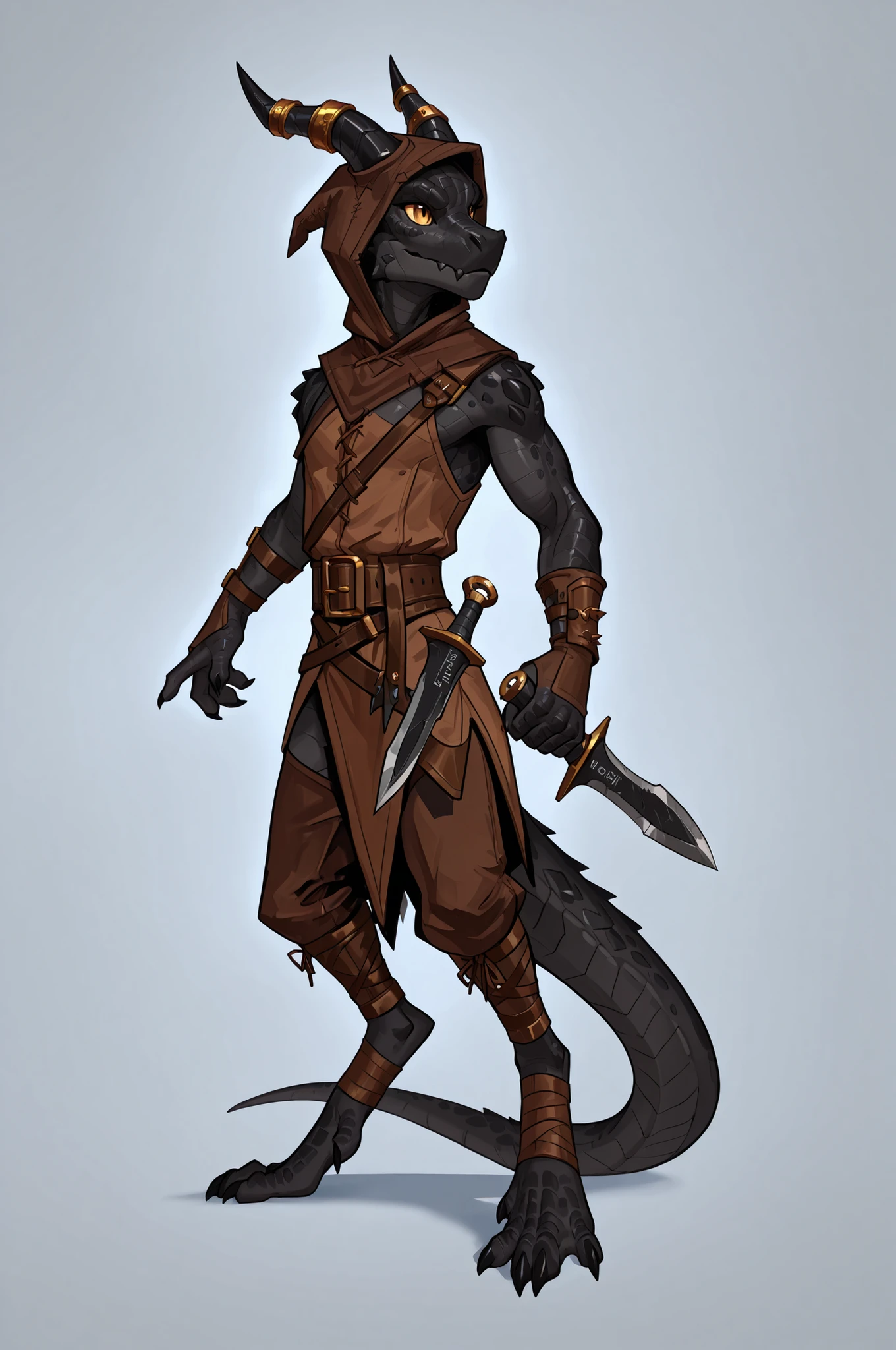 Snikch, kobold, black scales, hood, brown rogue clothes, great horns, fullbody art, solo, lean, holding two dagger,