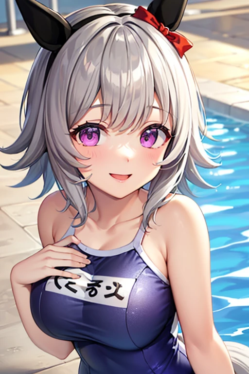 (Incredibly ridiculous absolute resolution:1.5)、hiquality、top-quality、masuter piece、Anime girl in pink and white bikini, 魅惑的、Anime Loli, 8k Manga Wallpapers, heart mark、Smile、Shy laughter、((small curvy loli))、pretty anime girl,((swimming pools))、(Medium Shorthair)、(short braided hair)
