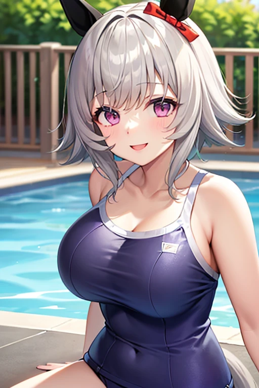 1girl, large breasts, breasts, wide hips, thick thighs, purple hair, short hair, very short hair, yellow eyes, one-piece swimsuit, blue swimsuit, competition swimsuit, black one-piece swimsuit, light smile, smile, hourglsss figure, toned, toned female, tall, tall female