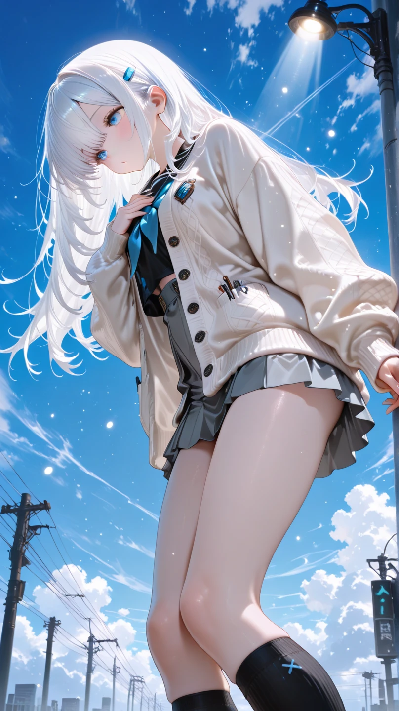 a picture,1girll, White hair, red eyes, nabel, looking at viewert,is shy,Blushing and raising his hands(self-expression),The wind blows up the short white skirt,Leaky pink panties,groin, (white shirt:1.2), pigtails, Very long hair, Wide buttock,
underbust,The shirt,
The large\(BodyProportions\),