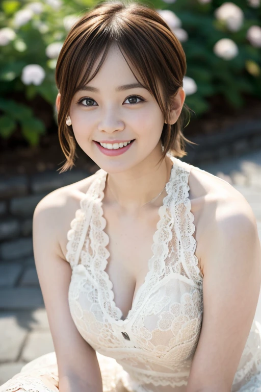 in a beautiful garden、Flower Hair Ornaments、tiara、Please wear white lace gloves、Big smile、Holding a bouquet、A lovely smile、Gorgeous white silk dress with lace、Wonderful gardens、Colorful flowers々Blooming、White silk and shiny dress、Gorgeous and elegant white wedding dress、Braid only the front hair((wedding style:1.4))、Full body photo、smile、 Caustics、Highly detailed photos、Very beautiful ideal short hair、Big Breasts、Super no makeup、(8k、RAW Photos、highest quality、masterpiece:1.2)、(Realistic、Realistic)、1 girl、((Medium Short Hair、Looking into the camera:1.4))、