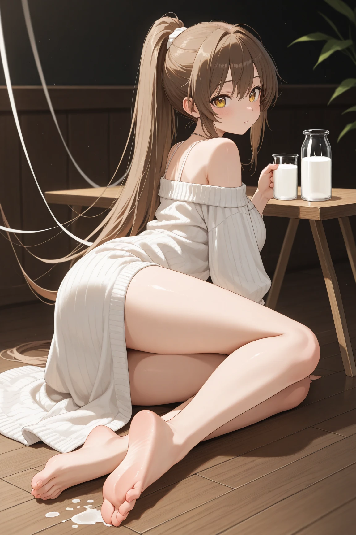 (master piece, Best Quality), medium shot, Girl seen from the floor, beautiful Girl , nude , Beautiful face, Cinematic lighting, Golden ratio, Spread legs ,feet up, Gorgeous , Expressive eyes, Perfect face