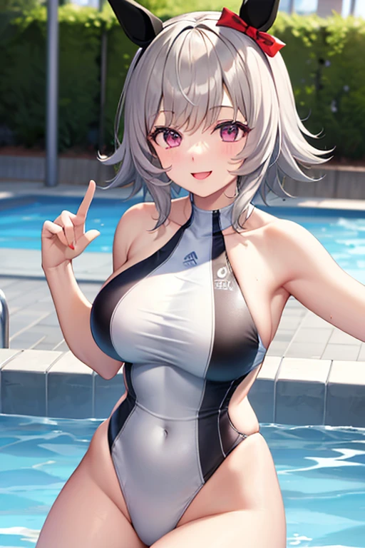 1girl, breasts, large breasts, wide hips, thick thighs, white hair, grey hair, very short hair, yellow eyes, one-piece swimsuit, competition swimsuit, black swimsuit, black one-piece swimsuit, smirk, smug, smile, wet
