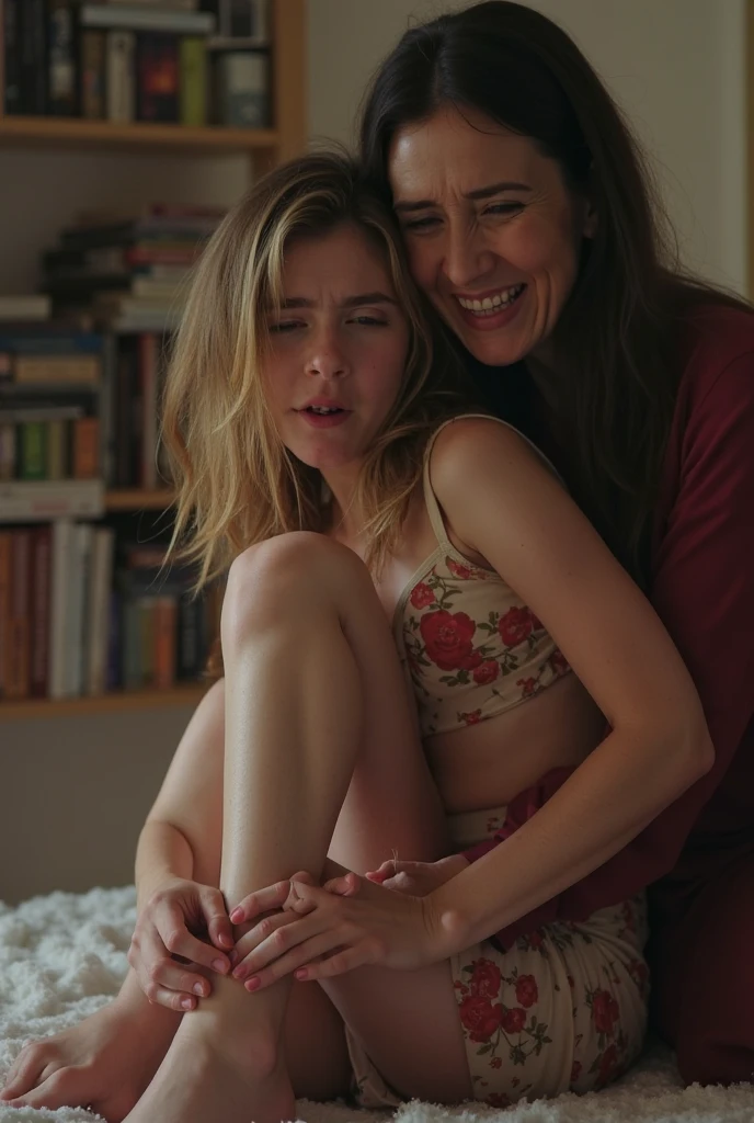 adult woman and young boys, on living room, in close position