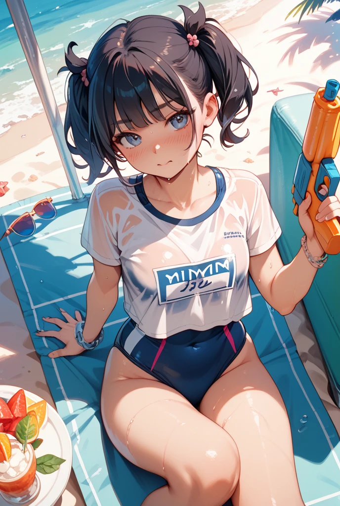 1 girl in、Wet and sheer swimwear、Shiny Pink School Swimsuit、Black hair pigtails、small tits、Crisp crotch muscles、provocative smiling、14 years old girl、teats、Open crotch、Open legs、((Spreading the crotch with your hands))、in poolside
